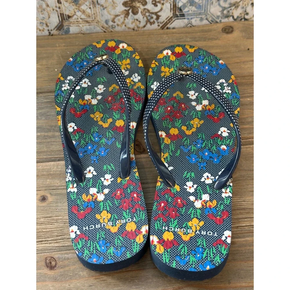 Tory Burch Flip Flops Floral Polka Dot Women Size 8 Blue Louge Classy